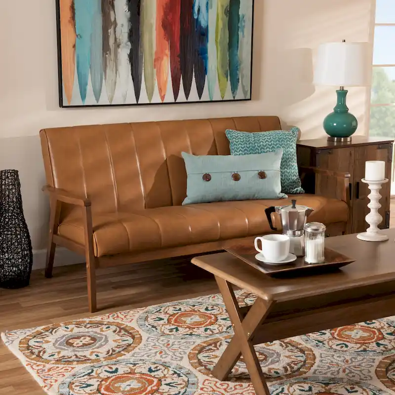 Tan Faux Leather Mid-Century Sofa, Walnut Wood Frame, Seats 2–3