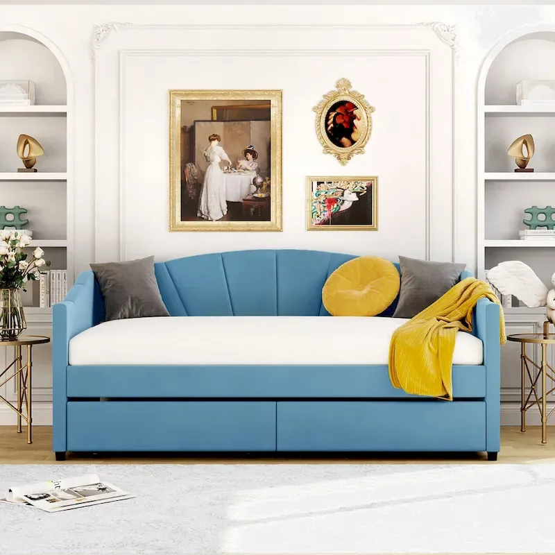 Upholstered daybed Twin Size with Two Drawers and Wood Slat Suppot