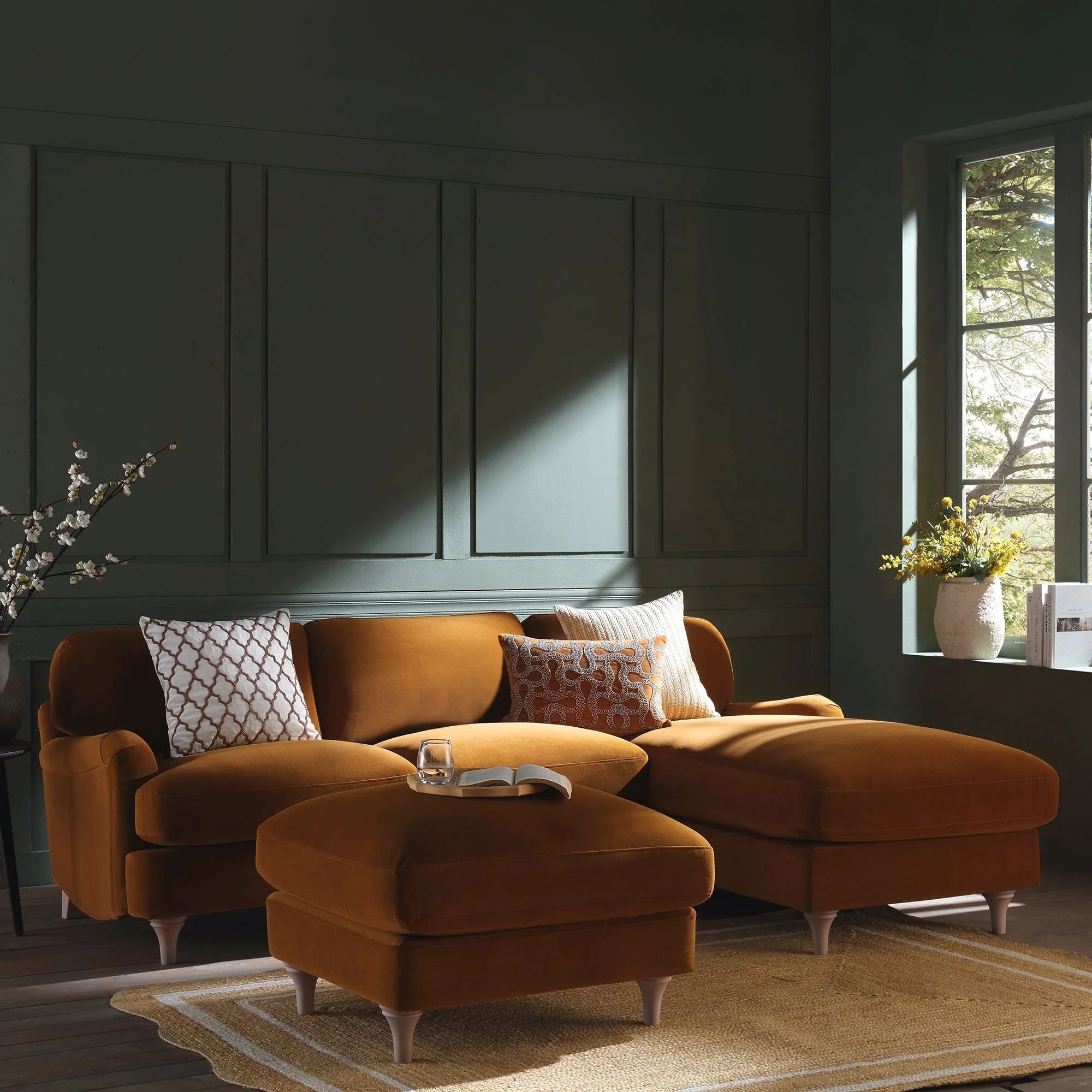 Cinnamon Velvet Sofa, Grande Chaise Sofa Right Hand Facing