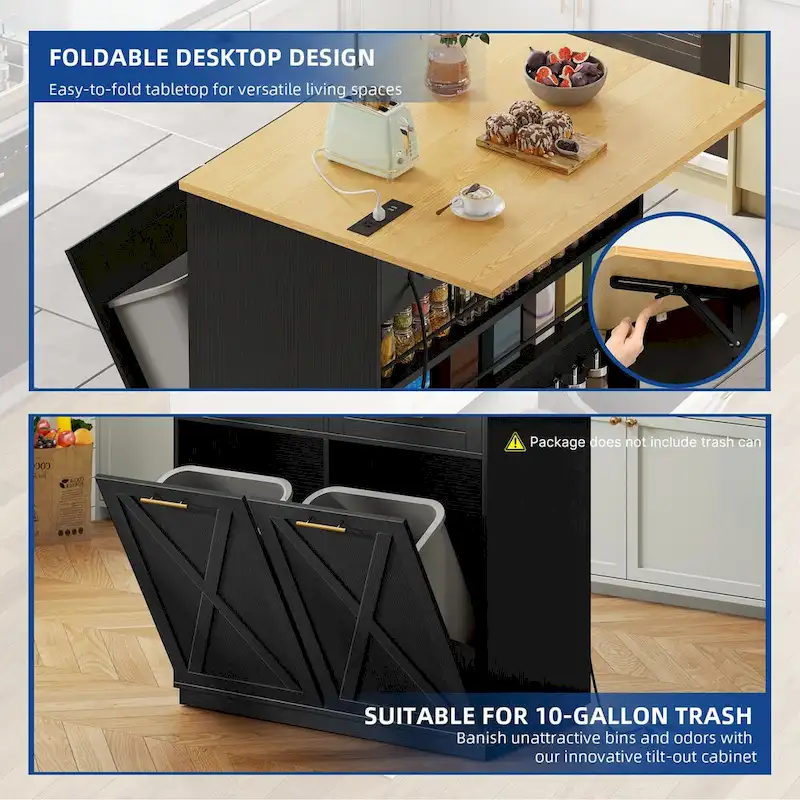 Moasis Kitchen Island Drop Leaf Double Tilt Out Trash Cabinet with Power Outlet & Wheels