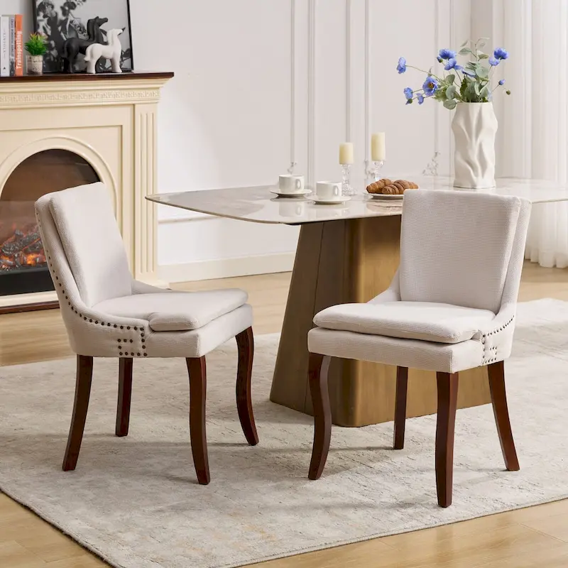 Double-layer Cushioned Dining Chairs Set of 2 Chenille Mid-Back Chair with Nailhead Trim Side Chair with Bent Wood Legs