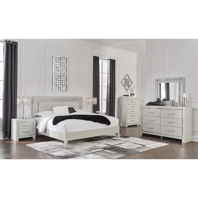 Signature Design by Ashley Zyniden Silver Upholstered Panel Headboard with 2 Nightstands