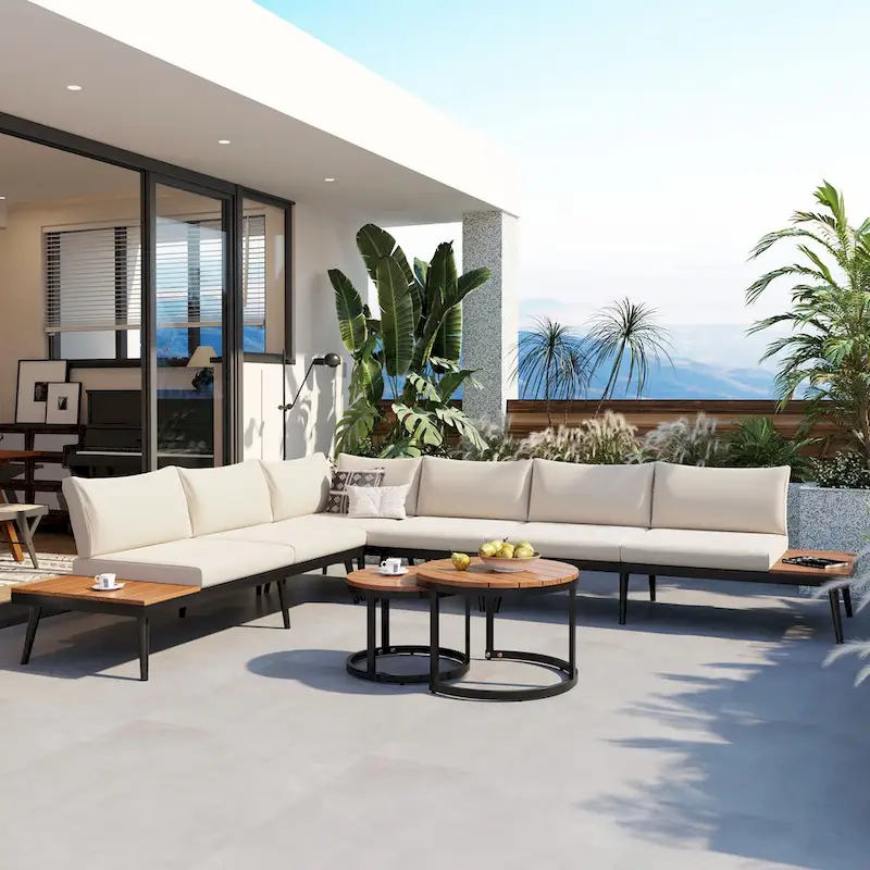 Modern 6-Piece Patio Sofa Set with Nesting Coffee Tables-Beige,Acacia Wood&PE Rattan Construction