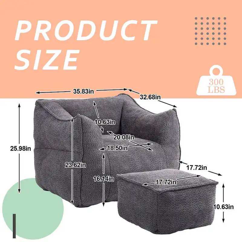 Boucle Upholstered Deep Seat Armless Square Bean Bag Chair with Ottoman