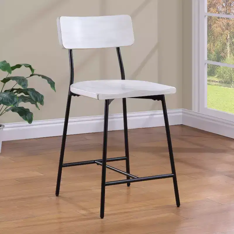 Comfort Pointe Bari Counter Height Barstool Whitewash: Saddle Seat, Curved Back, Metal Frame
