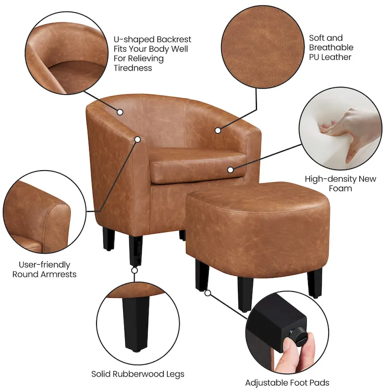 Accent Chair Faux Leather Club Chair and Ottoman Set