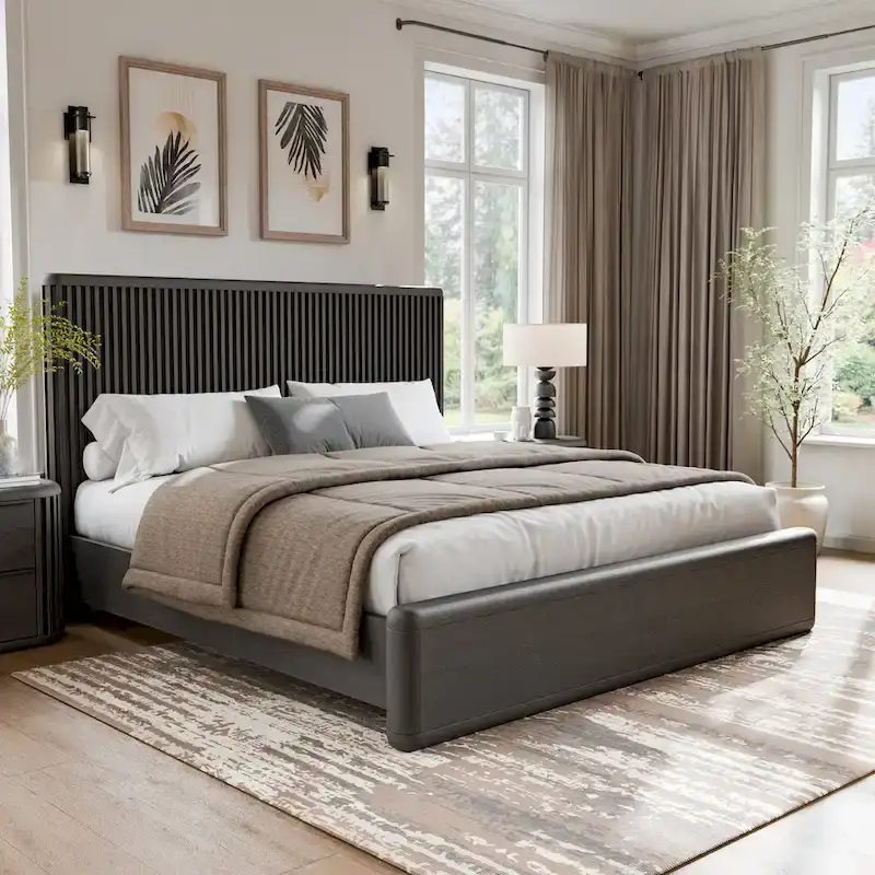Furniture of America Caelan I Modern Black Solid Wood Fluted Panel Bed