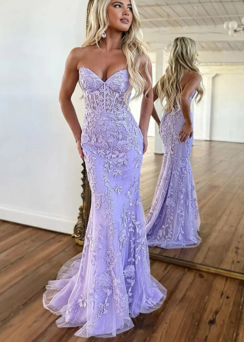 Mermaid Strapless Lace Prom Dress With Appliques