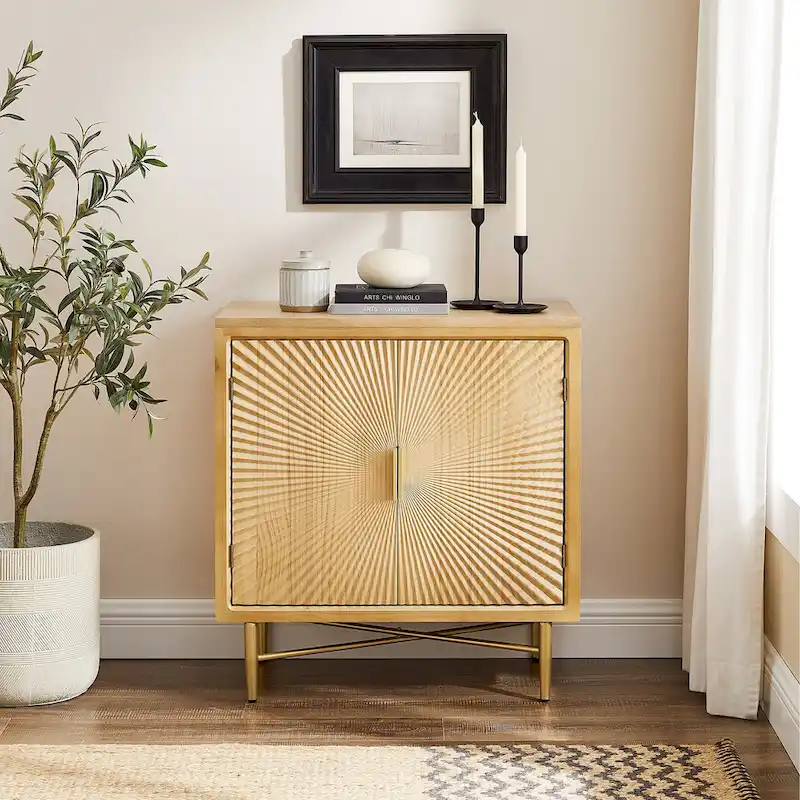 White / Natural Double-Door Sideboard Cabinet, Modern Geometric Style