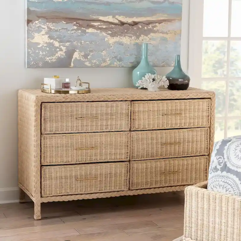 Lanica Japandi Sun-Bleached Braided Rattan 6-Drawer Dresser