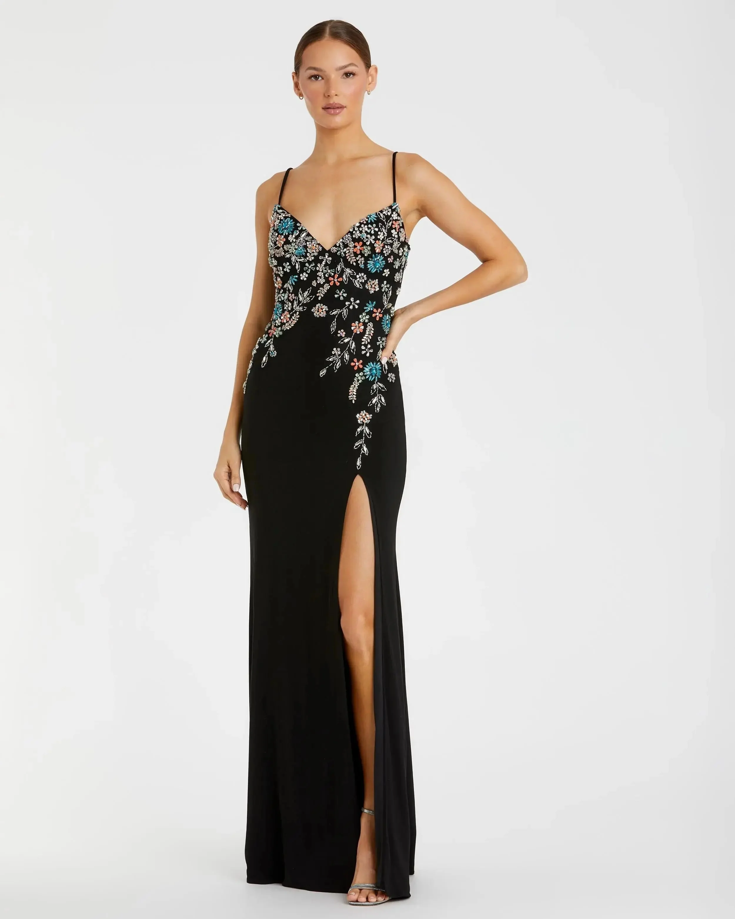 Black Multi Color Beaded Floral Cami Gown