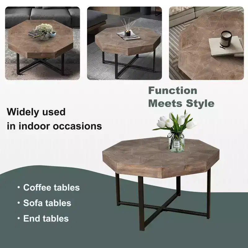 Octagonal Coffee Table, Vintage Patchwork Wood Side Table, Farmhouse Sofa Table with Cross Metal Legs for Living Room, Reception Room