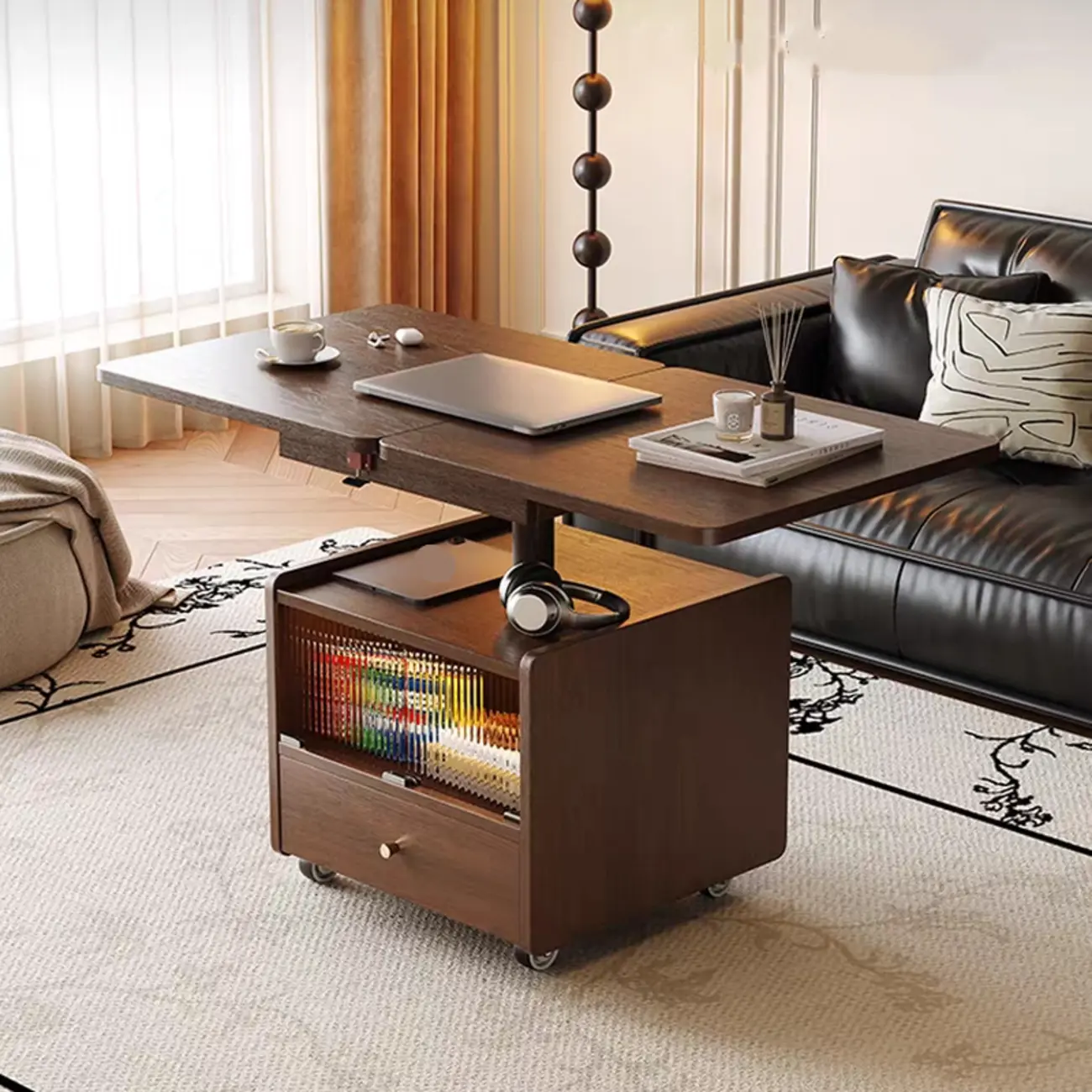 Adjustable Modern Nut-brown Wood Rolling Coffee Table