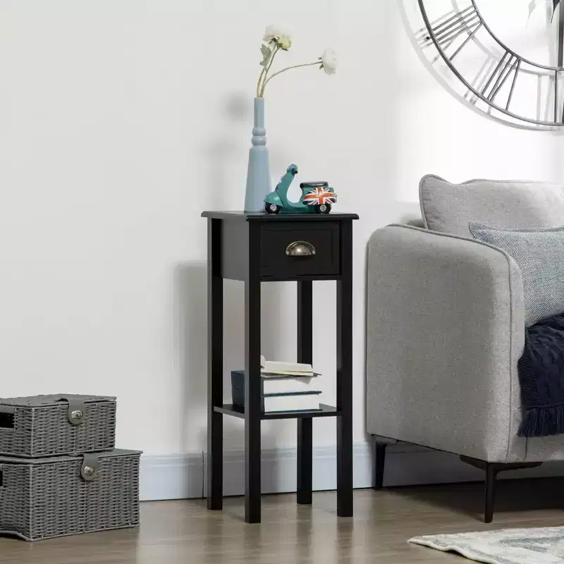 Okak Vintage 2-Tier Side Table with Drawer and Metal Handle, Narrow End Table with Bottom Shelf, Accent Table for Sofa Side, Living Room