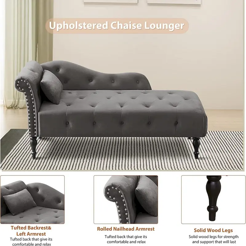 61 Velvet Chaise Lounge Chair with 1 Pillow and Nailhead Trimmed