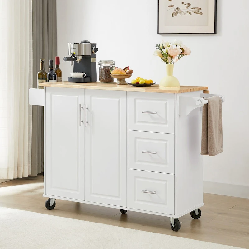 Rolling Kitchen Island with Drop Leaf Countertop,Barn Door Kitchen Island Table with Storage Cabinet and Tower Rack