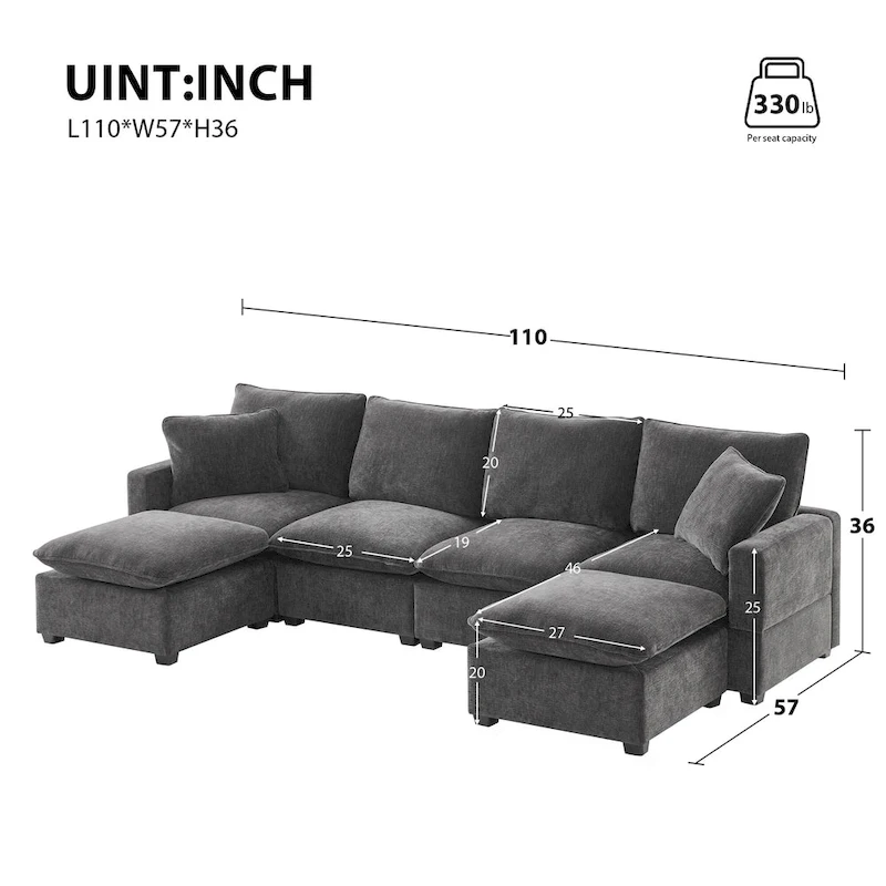 U Shape Modular Sofa, 6 Seat Chenille Deep Seat Sectional Couch