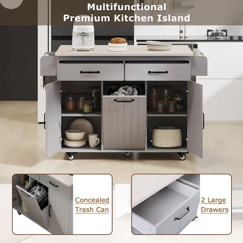 51 in. W Rolling Kitchen Island Cart with Drop Leaf and Tilt-out Trash Can