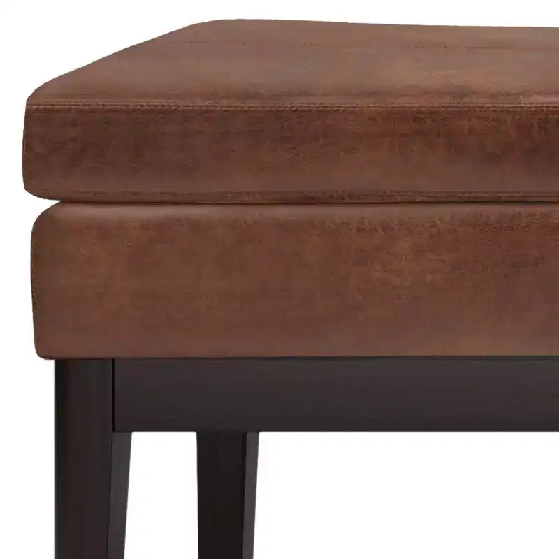 Distressed Saddle Brown / Greige Mid-Century Rectangle Ottoman Bench, Seats 2