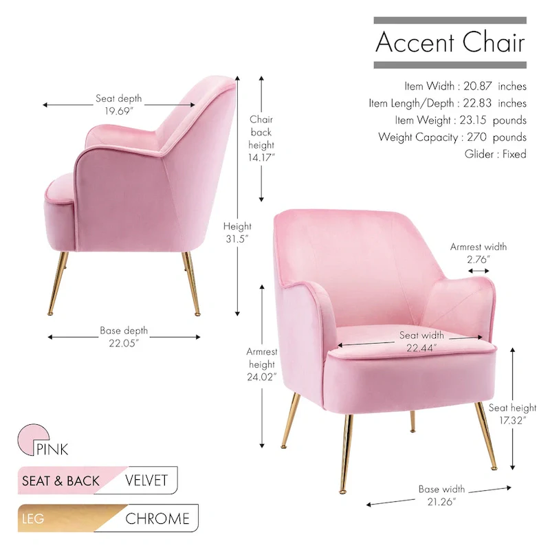 Velvet Upholstered Accent Chair with Gold Chrome Legs