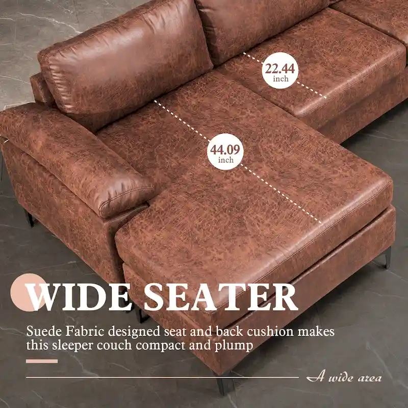 OVIOS Mid-Century Suede Reversible Chaise Sofa With Metal Legs