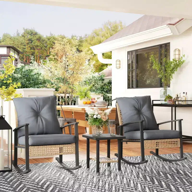 Outsunny 3 Pieces Patio Bistro Set, Wicker Furniture Set with Button Tufted Cushions, Rattan Rocking Chairs and Coffee Table