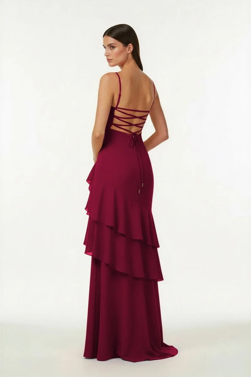 Red - Sheath Spaghetti Straps Chiffon Long Prom Dresses with Ruffles