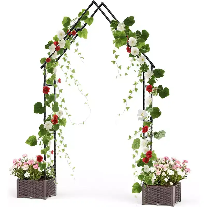 Weather-Resistant Metal Garden Archway Trellis with Dual Planter boxes, Decorative Outdoor Arbor for Climbing Plants, Patio, Lawn, or Backyard