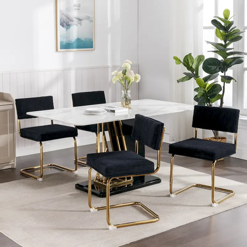Modern Dining Chairs with Gold Metal Base, Accent Armless Kitchen Chairs with Channel Tufting,Set of 2