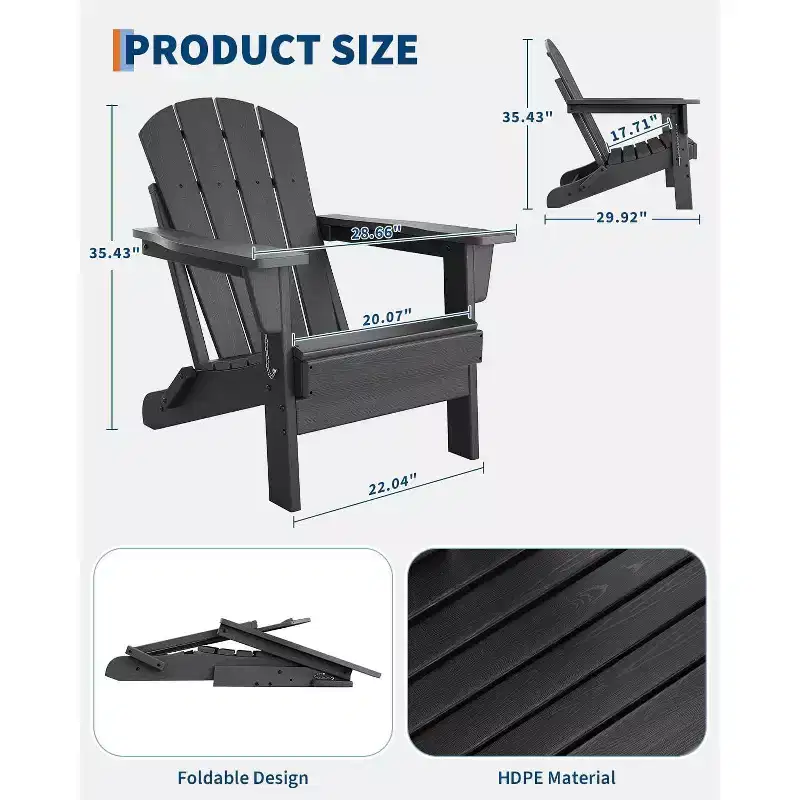 Folding Adirondack Chair Set of 2 with Side Table, 380lb Capacity HDPE All-Weather for Patio Deck Pool Backyard Fire Pit, Black