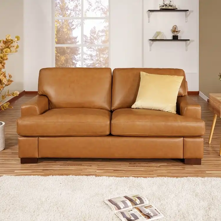 Siggy Genuine Elegant Luxurious Leather Loveseat Sofa with Goose Feather Cushion, Square Arms and Sturdy Block Legs