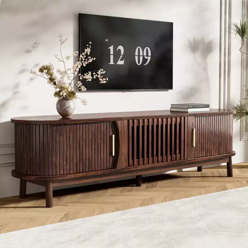 Vintage TV Stand with Sliding-Door for 75 inch TV, Wood TV Storage Cabinet Table with Doors and Solid Wood Legs for Living Room, Dark Brown