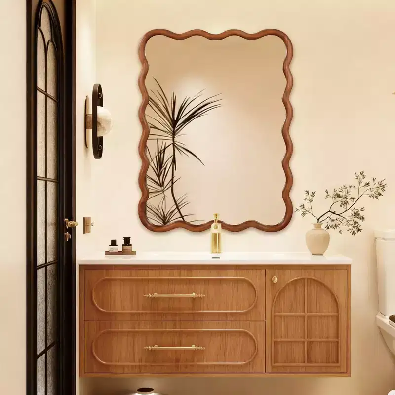 30 x 40 inch Natural Wood Color Wavy Rectangle Solid Wood Frame Wall Decorative Mirror for Home