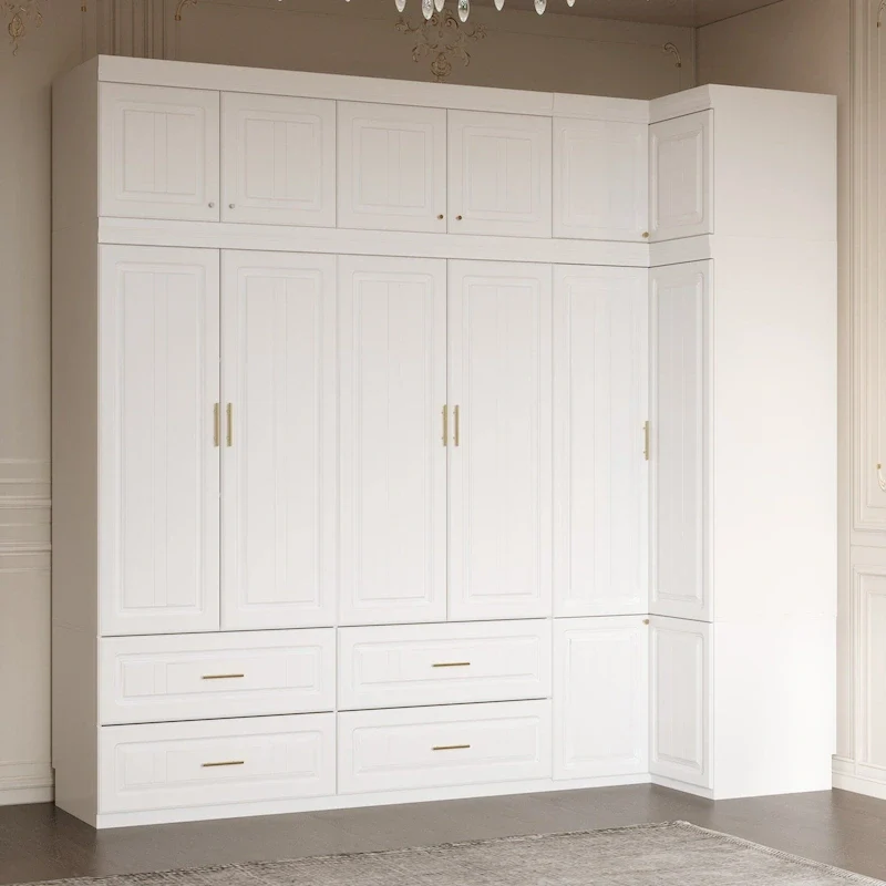 White & Gold Modular Wardrobe with Hanging Space & Drawers – White/Gold, Single Unit