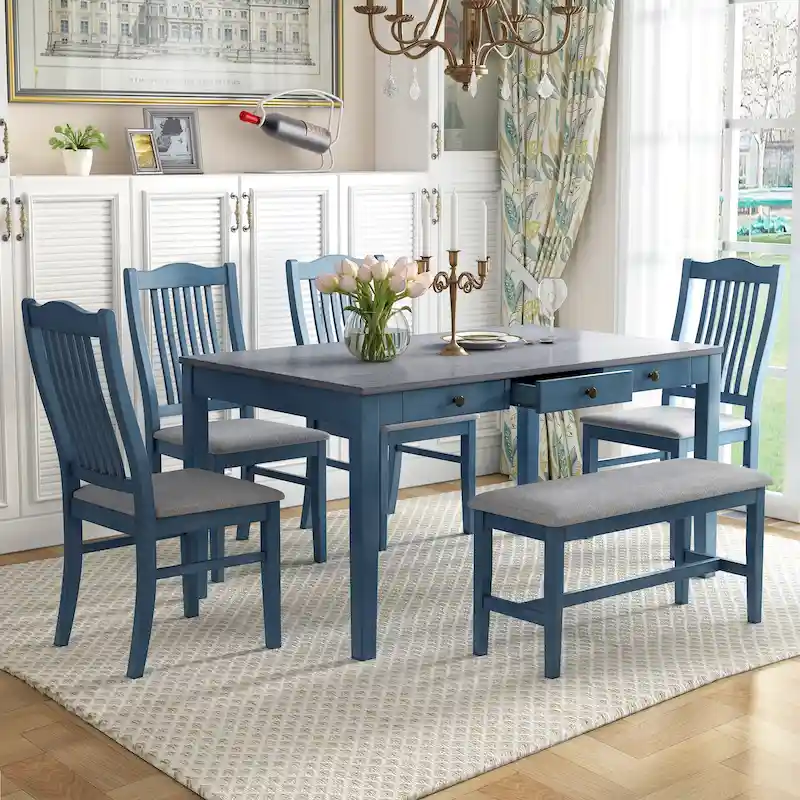 Antique Blue / Grey 6-Piece Dining Set for 5 – Table, 4 Chairs & Bench