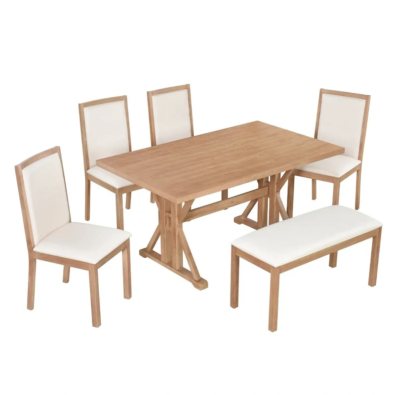 6-Piece Farmhouse Dining Table Set with 4 Upholstered Chairs and Bench