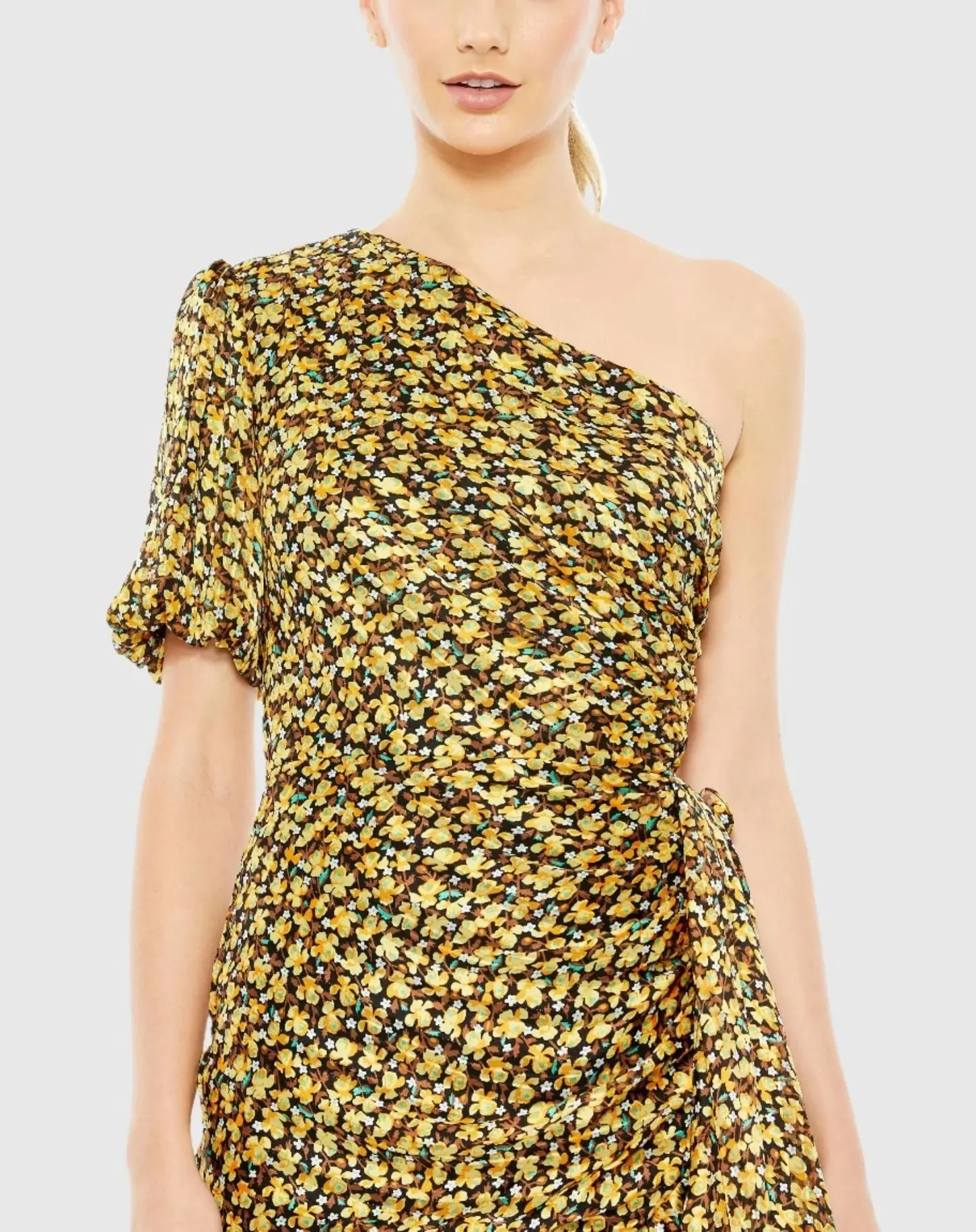 Black Floral Print Draped One Sleeve Ruffled Hem Dress