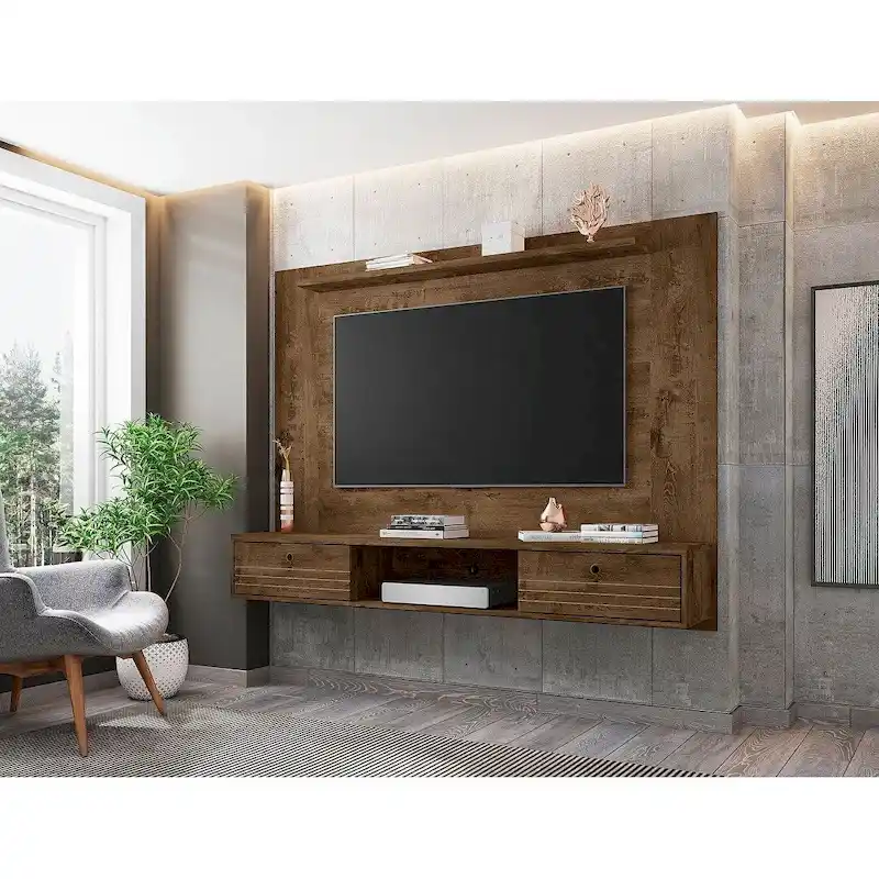 Rustic Brown / White / Black Mid-Century Modern Floating TV Wall Unit with Concealed Storage – Single