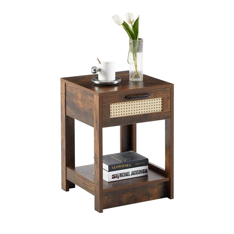 Square Rattan & MDF Nightstand with Storage Drawer – Rustic Brown / Black / Natural / White