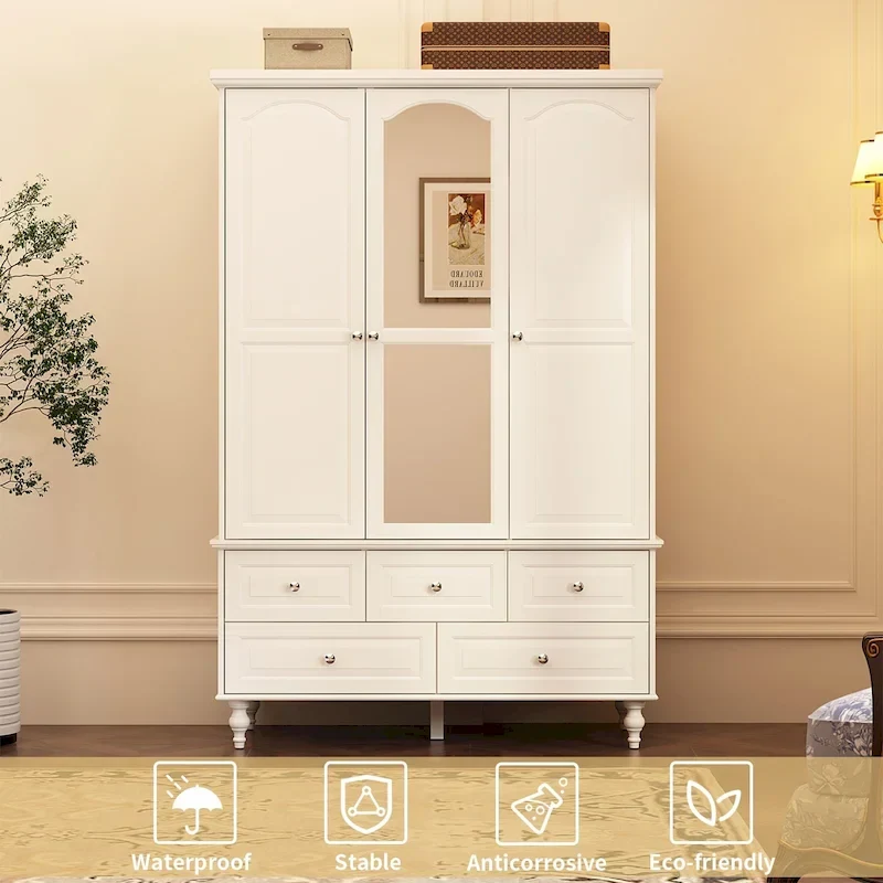 70.9-Inch Tall White Lacquer Wardrobe Armoire with Mirror Doors