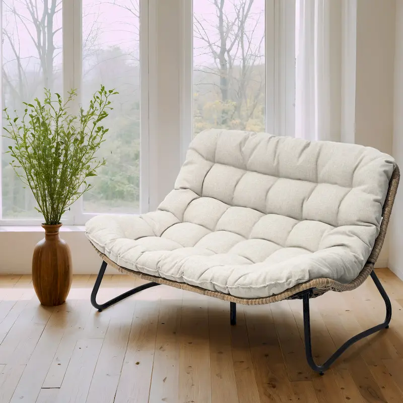 Double Papasan PE Rattan Chair Loveseat with Cushion For Indoor Outdoor
