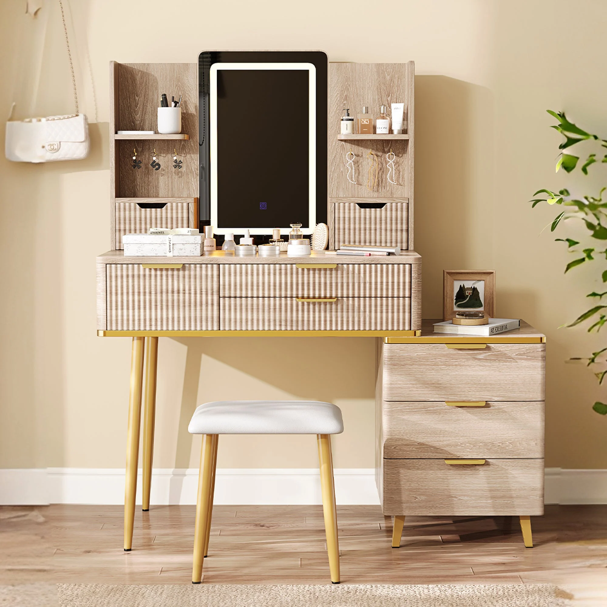 Modern Fluted Vanity Makeup Desk with LED Mirror and Stool