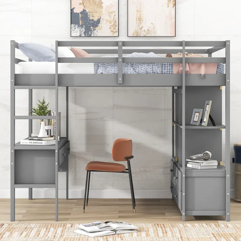 Pine Loft Bed with Built-in Desk & Drawers