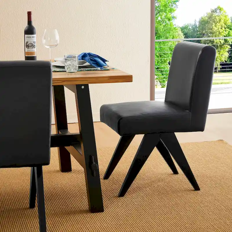 Glitzhome Set of 4 Faux Leather Upholstered Side Dining Chairs with V-shaped Wood Legs