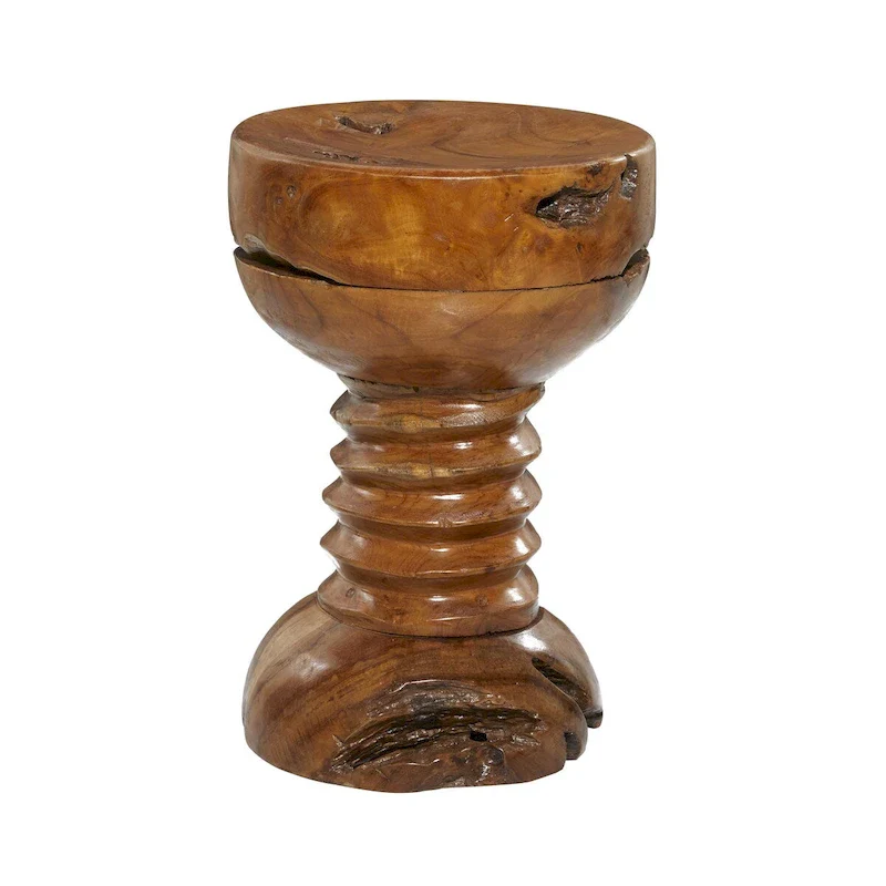 Teak Wood Handmade Live Edge Side End Accent Table with Coiled Base - Brown -