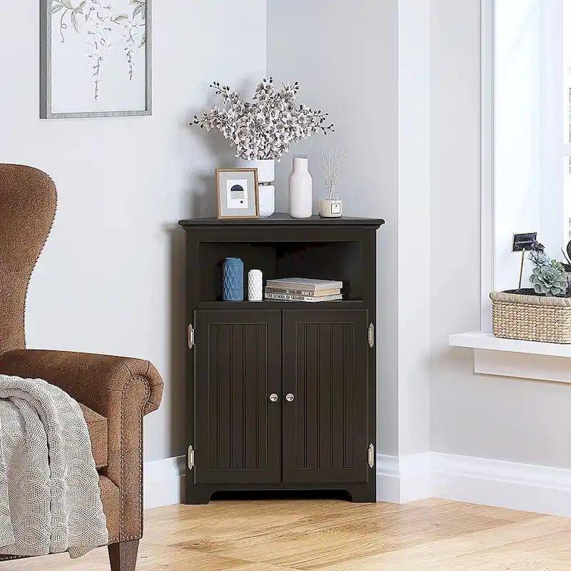 Corner Free Storage Cabinet, Bathroom Floor Corner Cabinet with Doors and Shelves - White