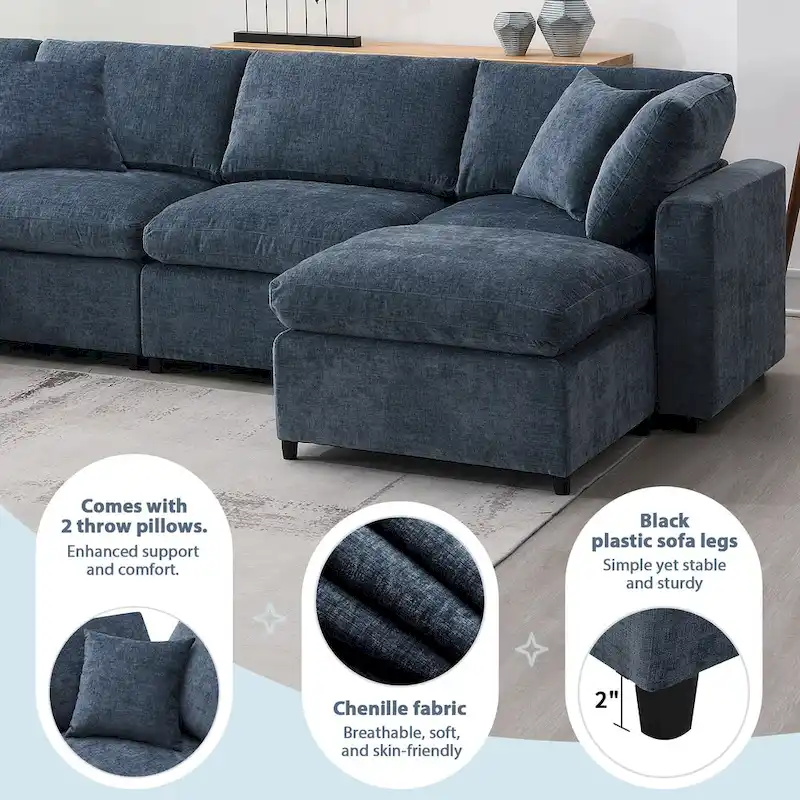 6 Seat Modern Modular Cloud Sofa Bed Chenille Sectional Couch Set with Ottoman