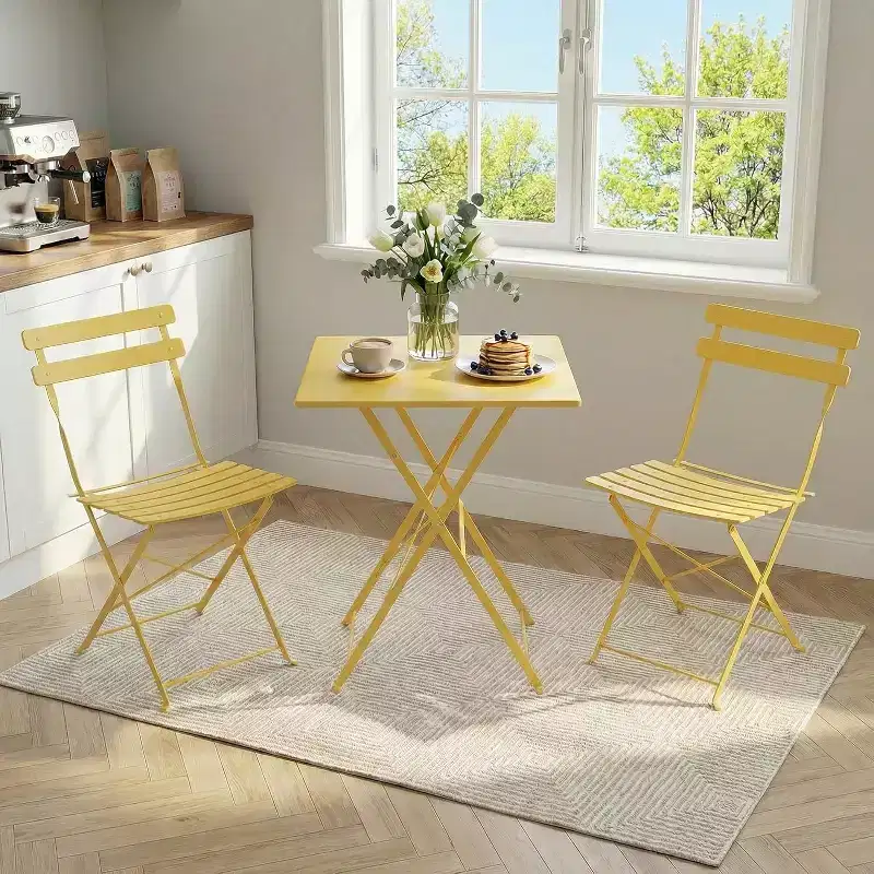 GustoWave 3-Piece Foldable Metal Bistro Set With Round Table, 2 Chairs