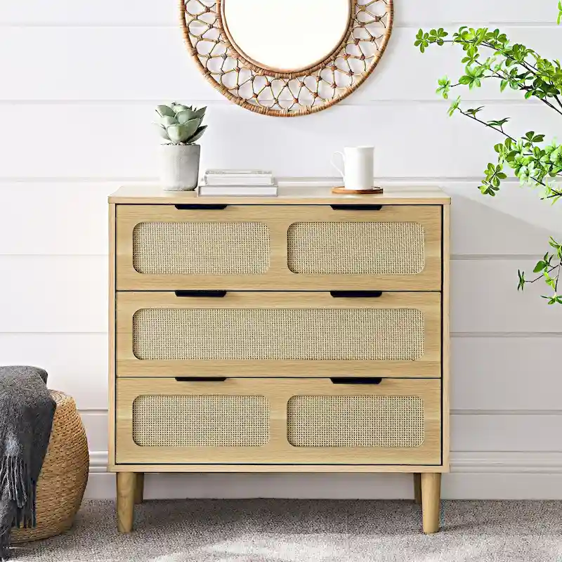 3 drawer dresser, modern rattan dresser cabinet with wide drawers and metal handles, farmhouse wooden storage chest of drawer