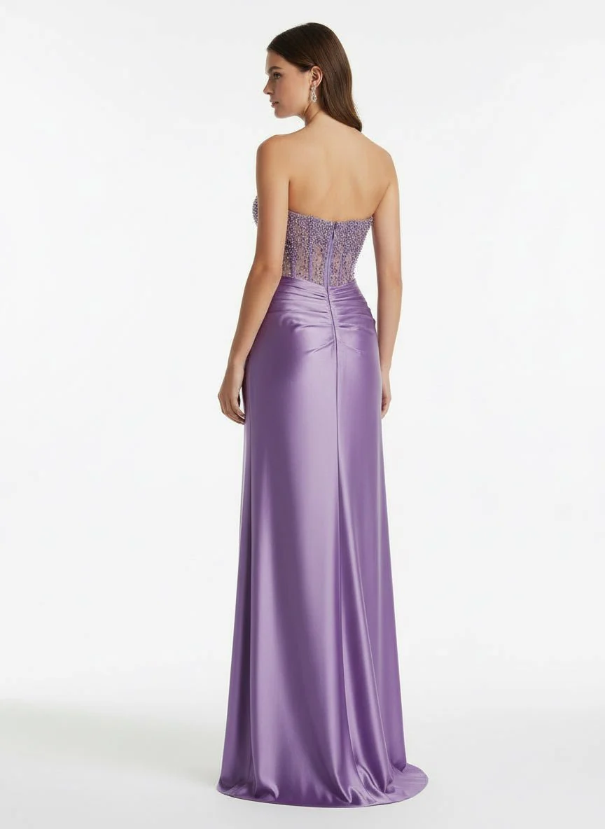 Purple Sweetheart Mermaid Satin Long Prom Dress with Beading